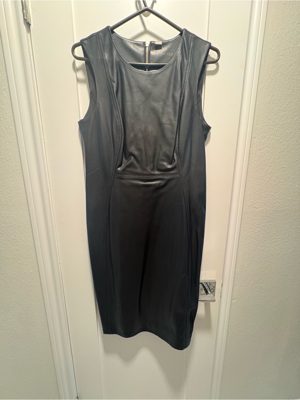 Calvin Klein Black Faux Leather Midi Sheath Dress